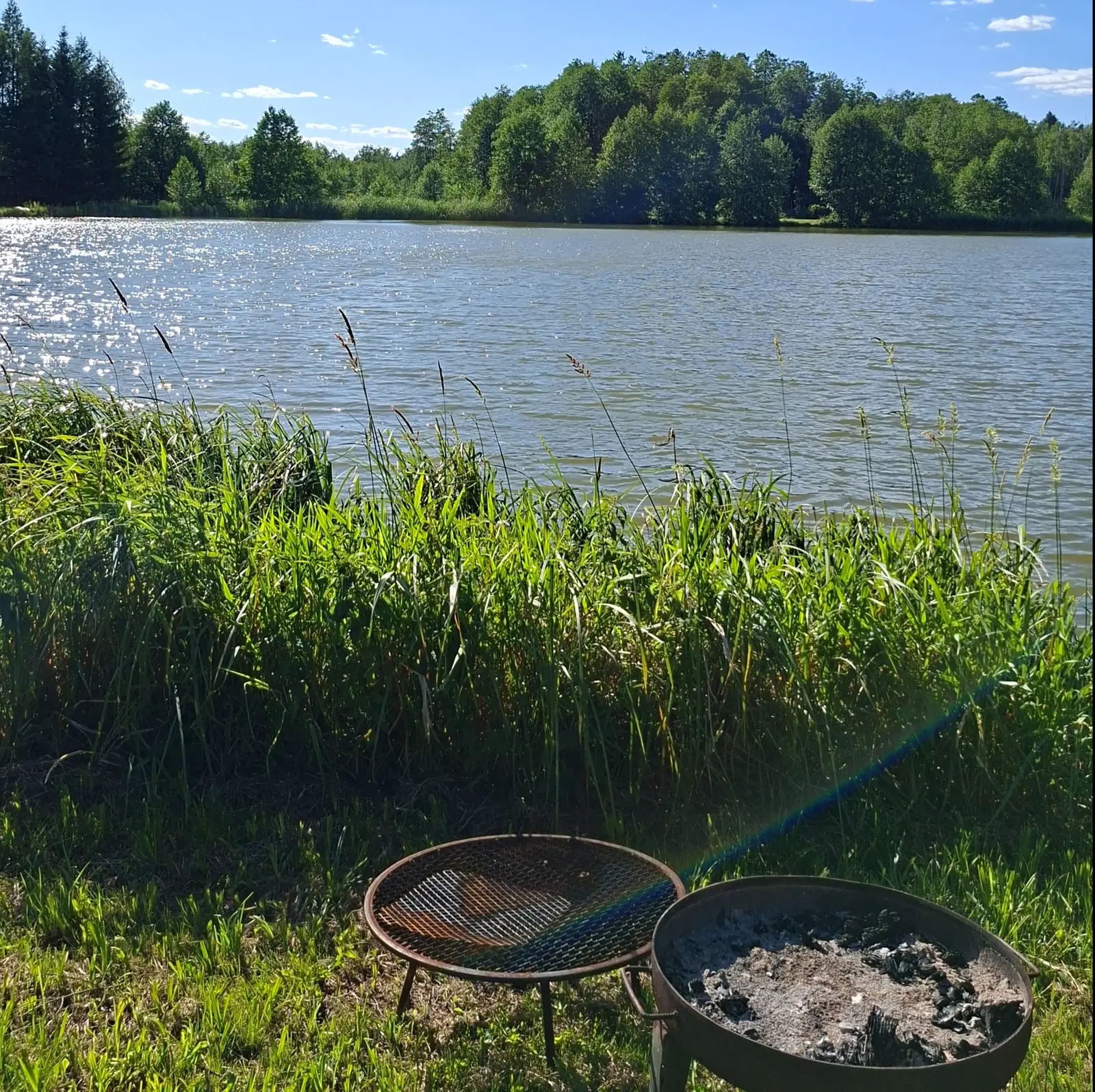 Zdjęcie wykonane w orientacji pionowej (proporcje 1:1) przedstawia spokojny, letni krajobraz nad jeziorem w słoneczny dzień. Na pierwszym planie, wśród wysokiej, zielonej trawy, znajdują się dwa metalowe paleniska ogrodowe, z których jedno wypełnione jest wypalonym popiołem. Środkowy plan zajmuje tafla wody, na której promienie słońca tworzą wyraźne, błyszczące refleksy. W tle widać linię gęstego, zielonego lasu porastającego brzeg jeziora, kontrastującego z jasnoniebieskim niebem z kilkoma drobnymi chmurami. Całość kompozycji utrzymana jest w żywej, naturalnej kolorystyce, podkreślającej relaksujący charakter miejsca wypoczynku na łonie natury.